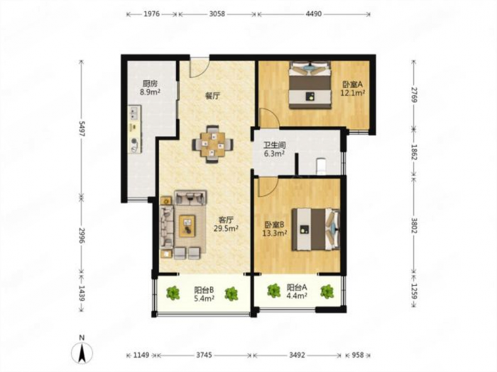 三里墩花苑 2室2厅1卫 98.00m&sup2;