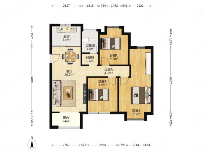 新城香溢紫郡 3室1厅2卫 98.7m&sup2;