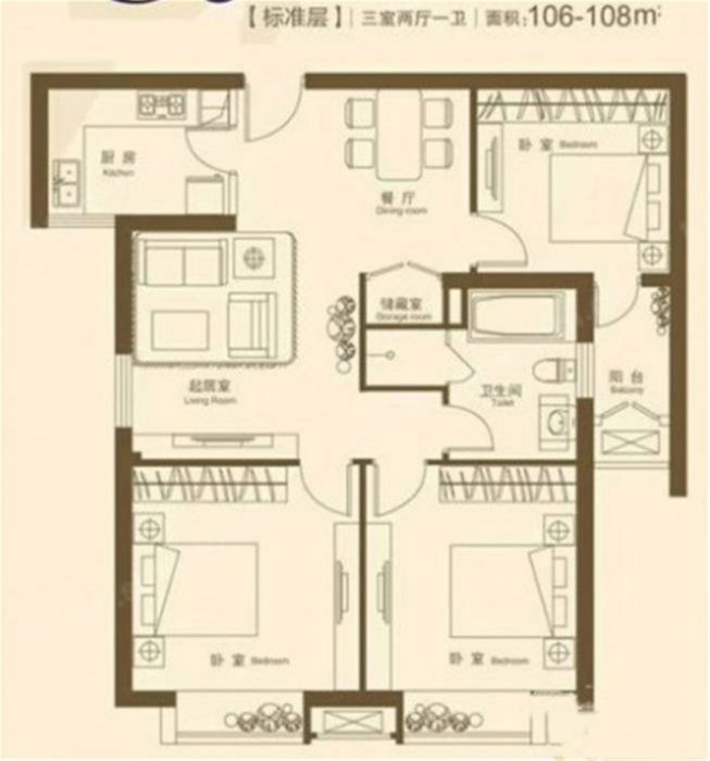 润华国际中心 3室2厅1卫 110m&sup2;
