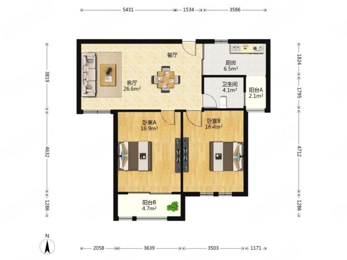 竹韵花园 2室2厅1卫 93m&sup2;