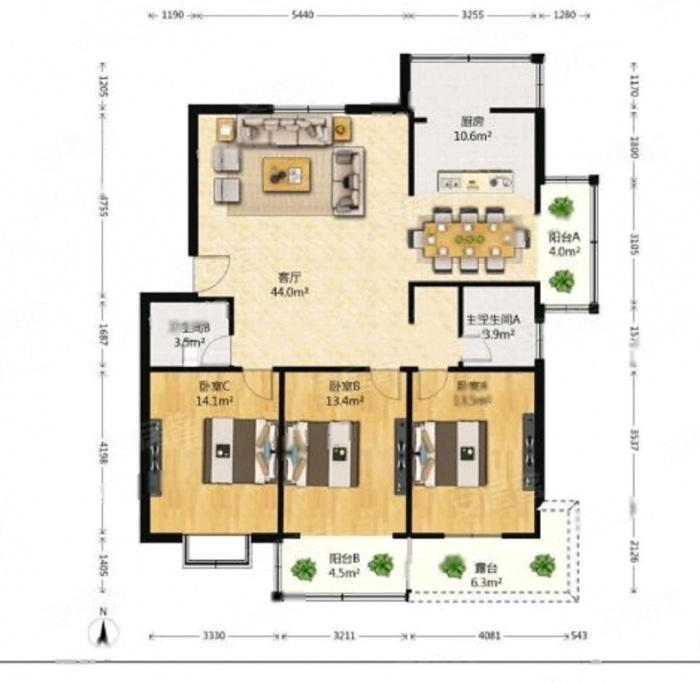 明珠花园 3室2厅2卫 121m&sup2;