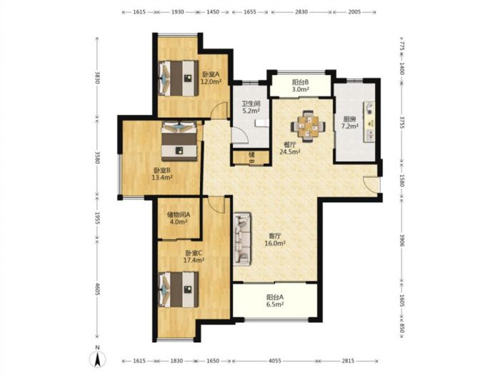 吴中豪景华庭 3室2厅1卫 138m&sup2;