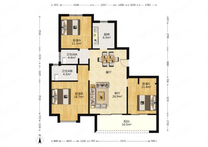 新城香溢紫郡 3室2厅2卫 112.00m&sup2;