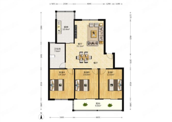 城港花苑 3室2厅1卫 124.52m&sup2;