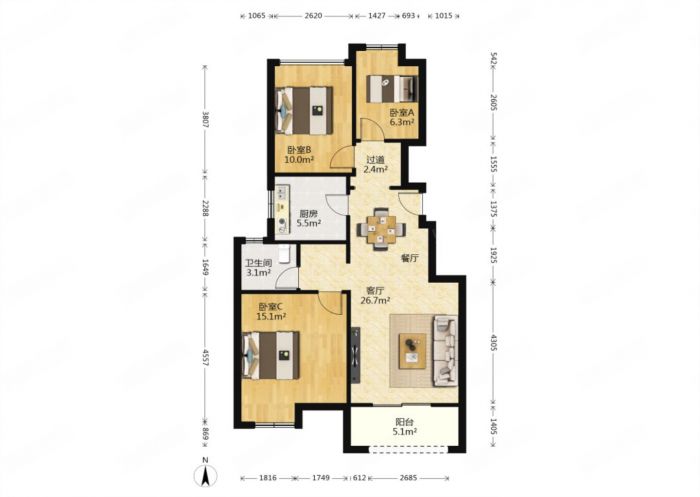 海上传奇 2室1厅1卫 90m&sup2;