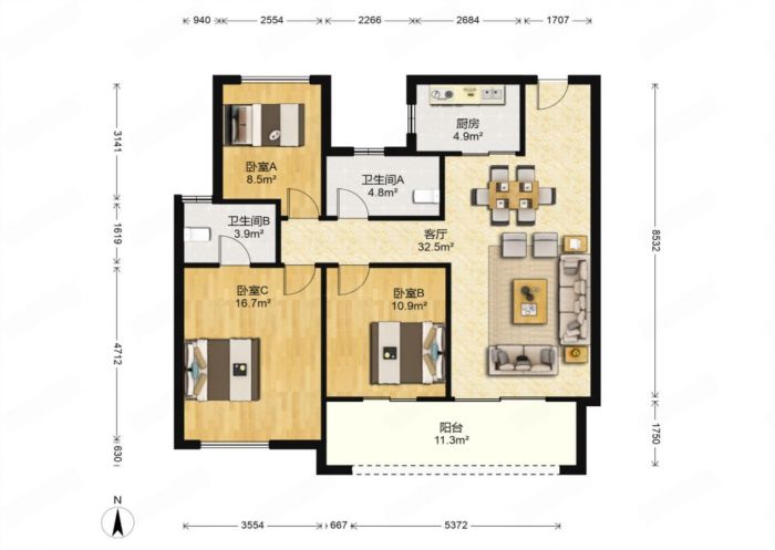 江景瑞园 3室2厅1卫 90m&sup2;
