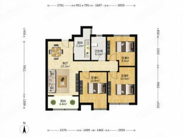 林肯公园 3室2厅1卫 92m&sup2;