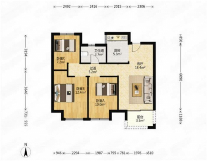 绿地新里城 3室2厅1卫 90m&sup2;