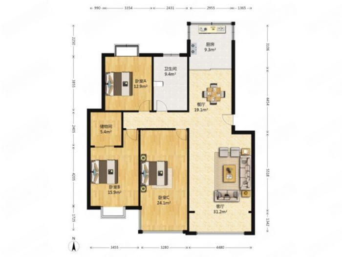 天虹花园 3室2厅1卫 137m&sup2;