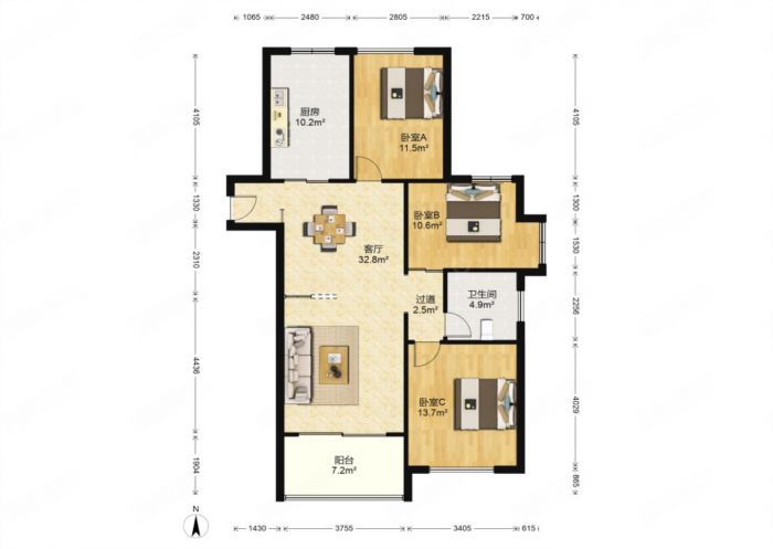 景华城 3室2厅2卫 120.6m&sup2;