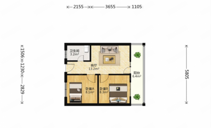 涌鑫八达通广场 2室1厅1卫 52m&sup2;