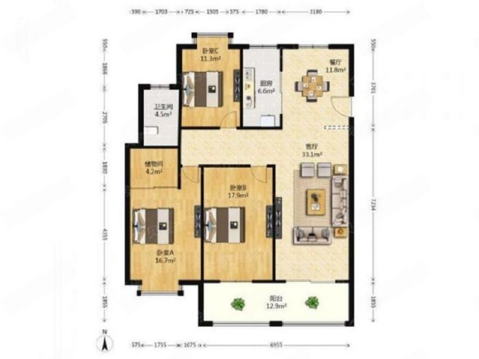 山景水岸 3室2厅1卫 97m&sup2;