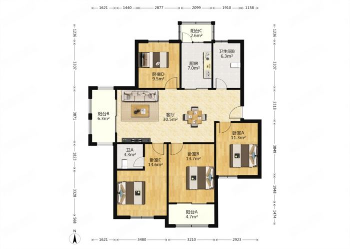 龙潭福里 4室2厅2卫 140m&sup2;