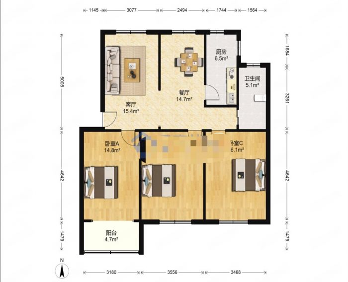 鸿运城市花苑 3室2厅2卫 126m&sup2;