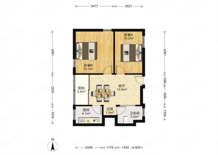 华能大厦 2室1厅1卫 71.00m&sup2;