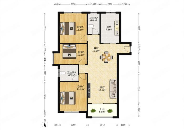 景华城 3室2厅2卫 132m&sup2;