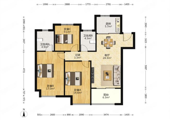 新城香溢紫郡 3室2厅2卫 114m&sup2;