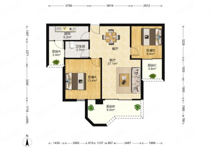 帝奥世伦名郡 2室1厅1卫 91m&sup2;