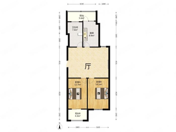 三里墩花苑 2室2厅1卫 101.8m&sup2;