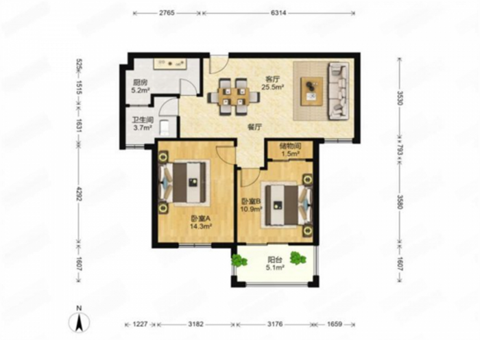 学士府 2室1厅1卫 77m&sup2;