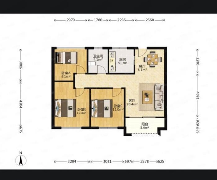 云樾东方 3室2厅1卫 95m&sup2;