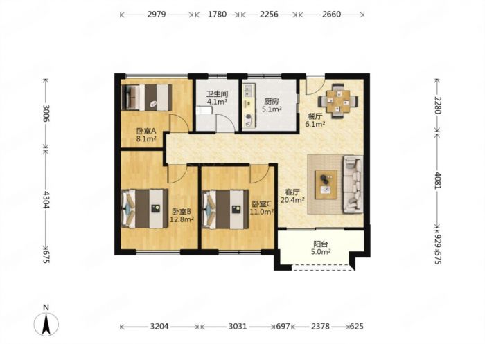 云樾东方 2室2厅1卫 95m&sup2;
