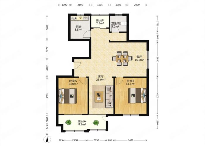 兴石花园 3室1厅1卫 110.98m&sup2;