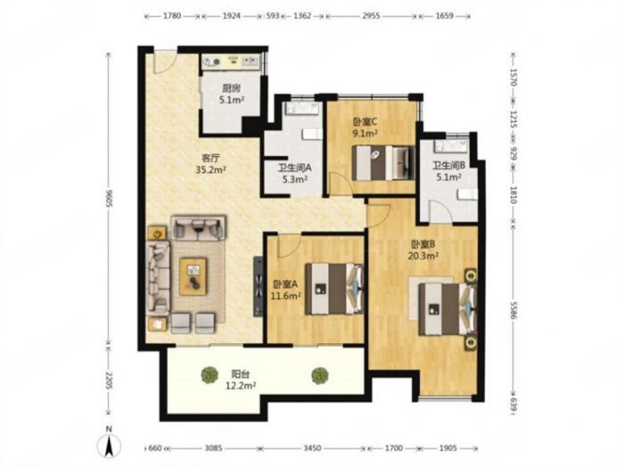 万科有湖（翡翠心湖） 3室2厅2卫 128m&sup2;