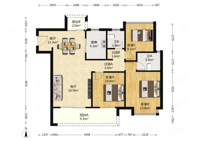 雍华府 3室2厅2卫 114m&sup2;