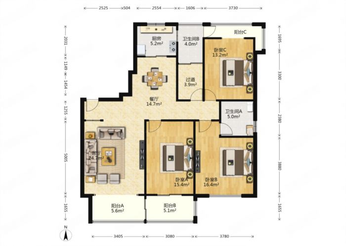 苏建名都城 3室2厅2卫 150.00m&sup2;