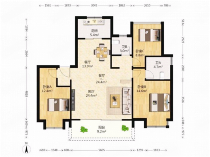雍华府 3室2厅2卫 117.5m&sup2;