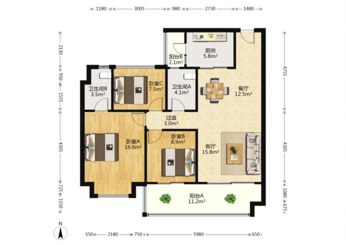 碧桂园时代悦城 3室2厅1卫 114m&sup2;