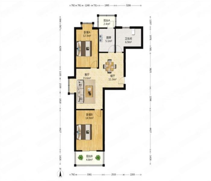 天一裕景苑 2室2厅1卫 93m&sup2;