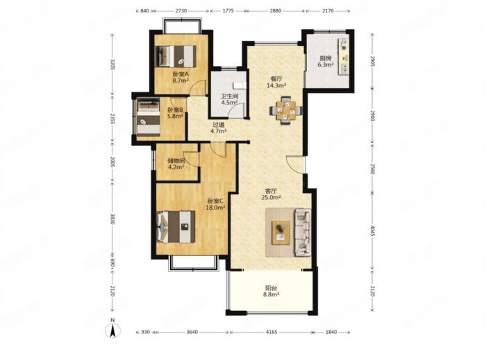 南通1912 3室1厅1卫 128.04m&sup2;