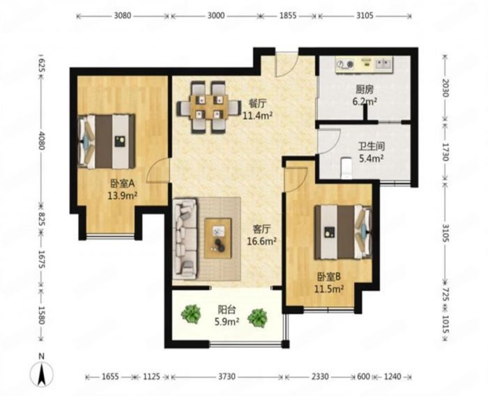 恒盛豪庭 2室2厅1卫 95.25m&sup2;