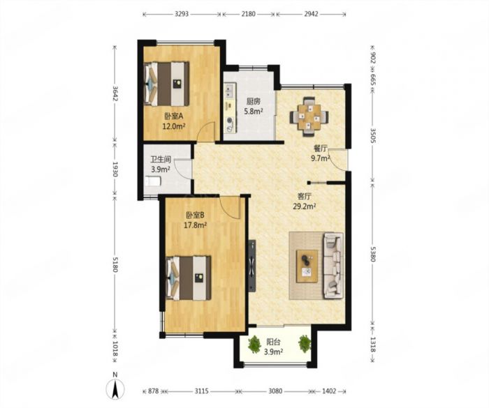 万通城 2室2厅1卫 98m&sup2;