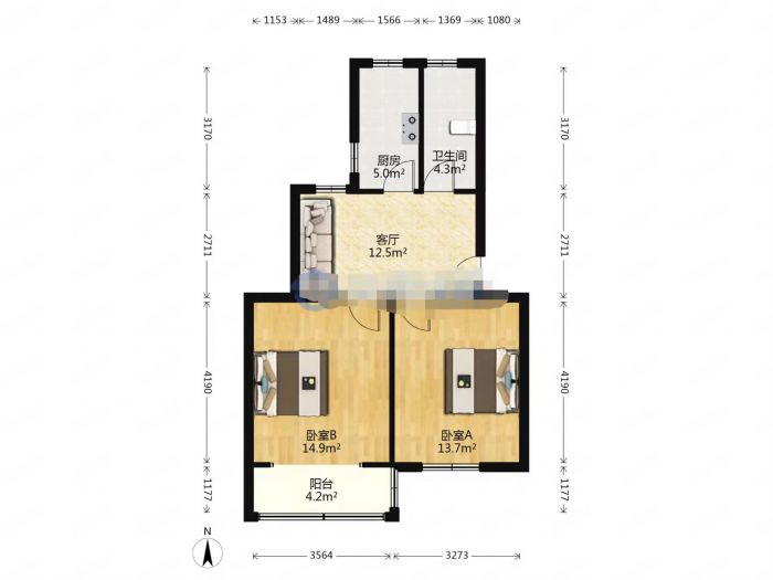 南川园 2室1厅1卫 61m&sup2;