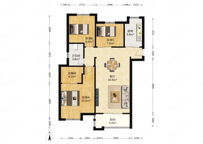 中海碧林湾 3室2厅1卫 110.29m&sup2;