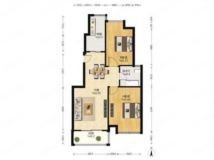 苏建阳光新城 2室1厅1卫 93m&sup2;