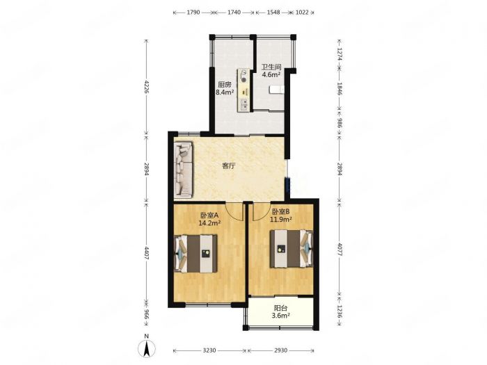 光明南村 2室1厅1卫 64.58m&sup2;