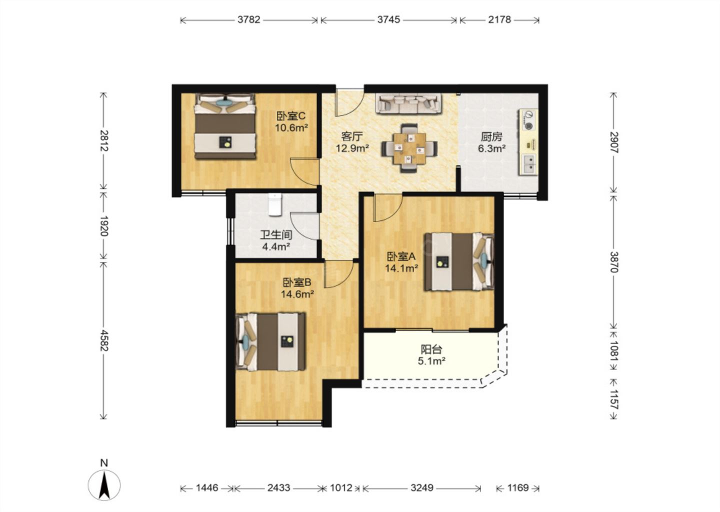 幸福天地二期 2室2厅1卫 89.5m&sup2;