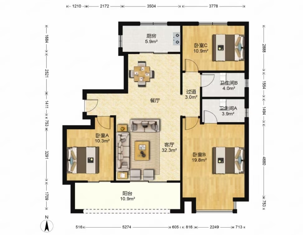 中海上东区 3室2厅2卫 125m&sup2;