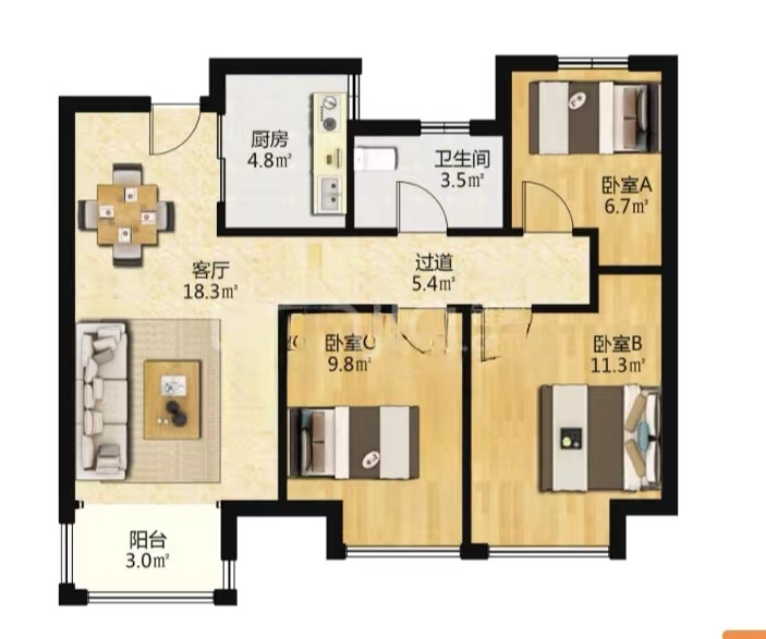 绿地新里城 3室2厅1卫 89m&sup2;