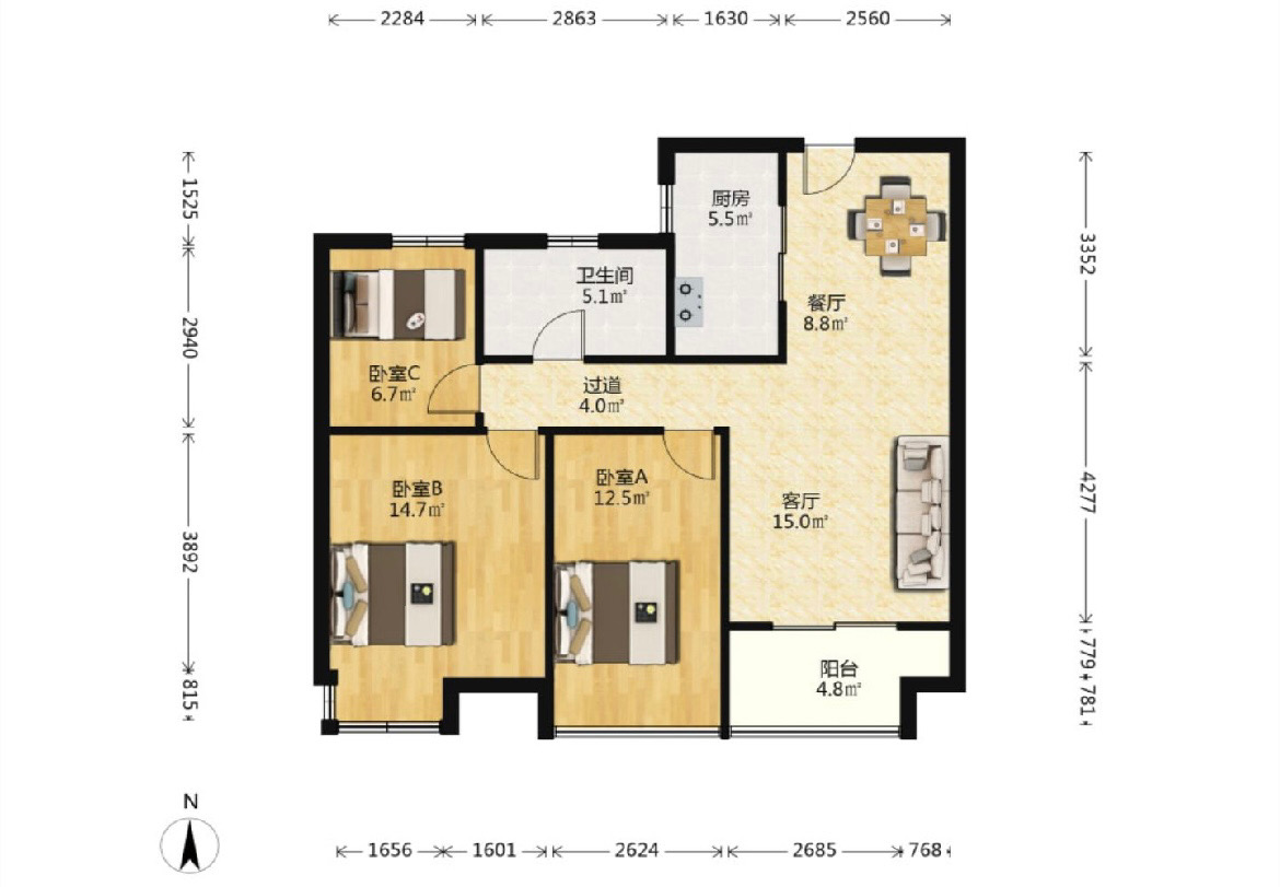 皇家花园北区 3室2厅1卫 97m&sup2;
