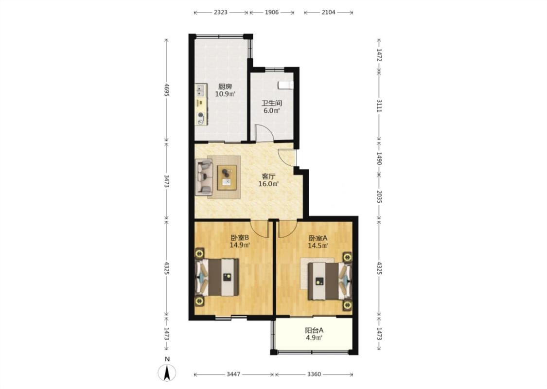 天山花苑 2室2厅1卫 90m&sup2;