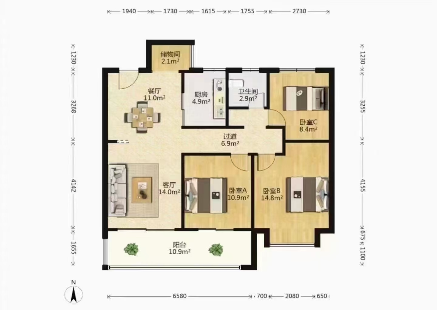 国城璟府 3室2厅1卫 109.00m²