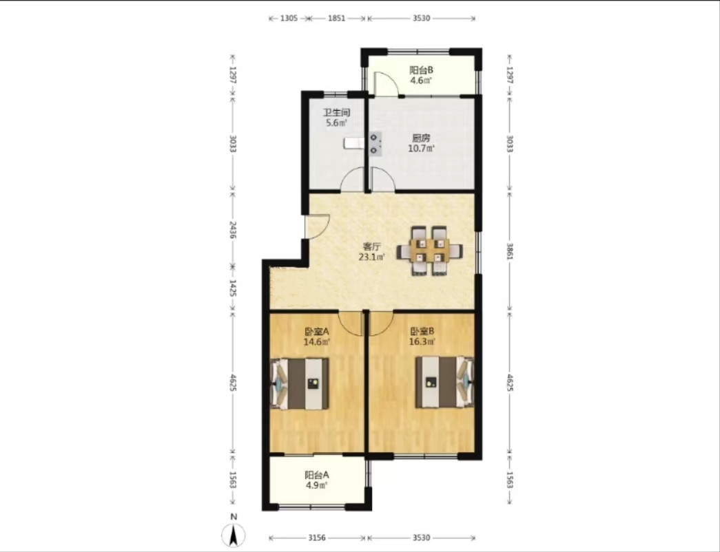 新港花苑 2室2厅1卫 98m&sup2;