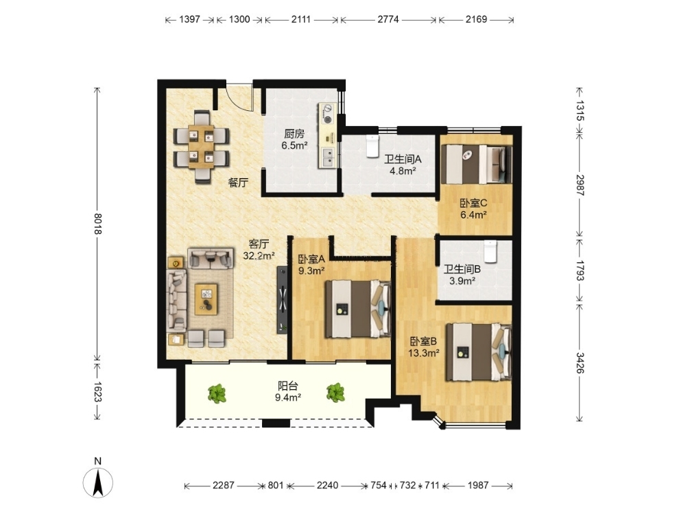 五洲御锦城 3室2厅1卫 108.00m&sup2;