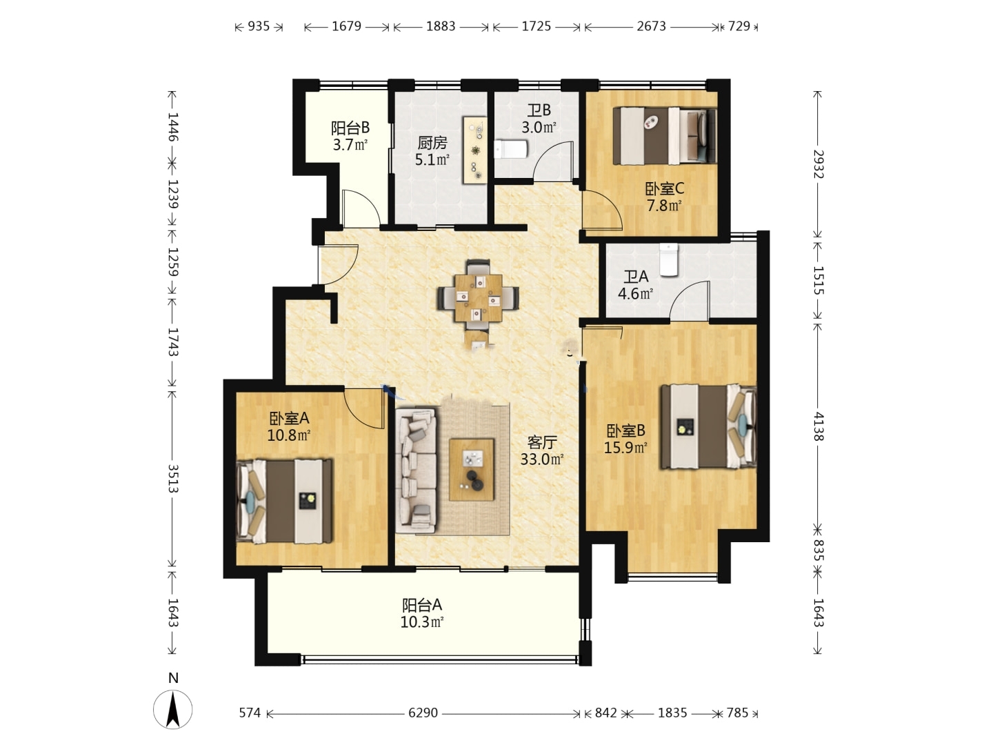 万科翡翠公园 3室2厅2卫 105m²