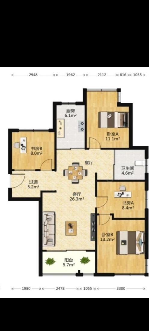 万通城 3室2厅1卫 102m&sup2;